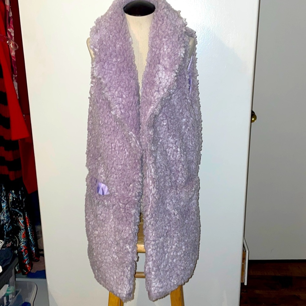 Betsey Johnson lavender shaggy long open vest